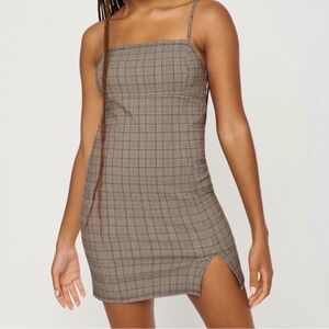 Garage Brown Plaid Mini Slip Dress with Side Slit